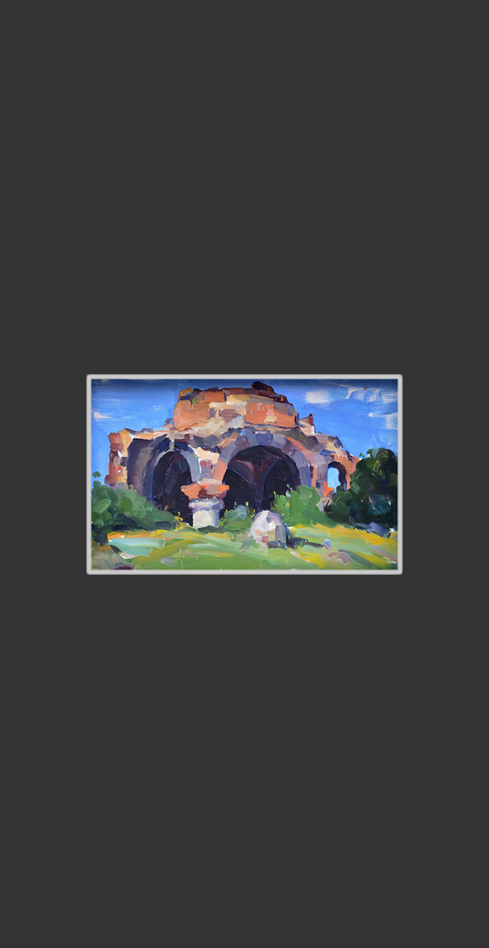 Sketch with dilapidated church22 x 34 cm, Oil on Treated Cardboard, 1960-1965