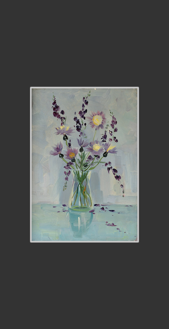 Cornflowers in a glass50 x 35 cm, Oil on Treated Cardboard, 1960-1965